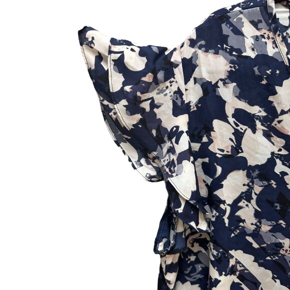 Cynthia Rowley Blouse Floral Print Ruffle Sleeve Blue White 1/4 Button‎ Front 2X - Picture 2 of 7
